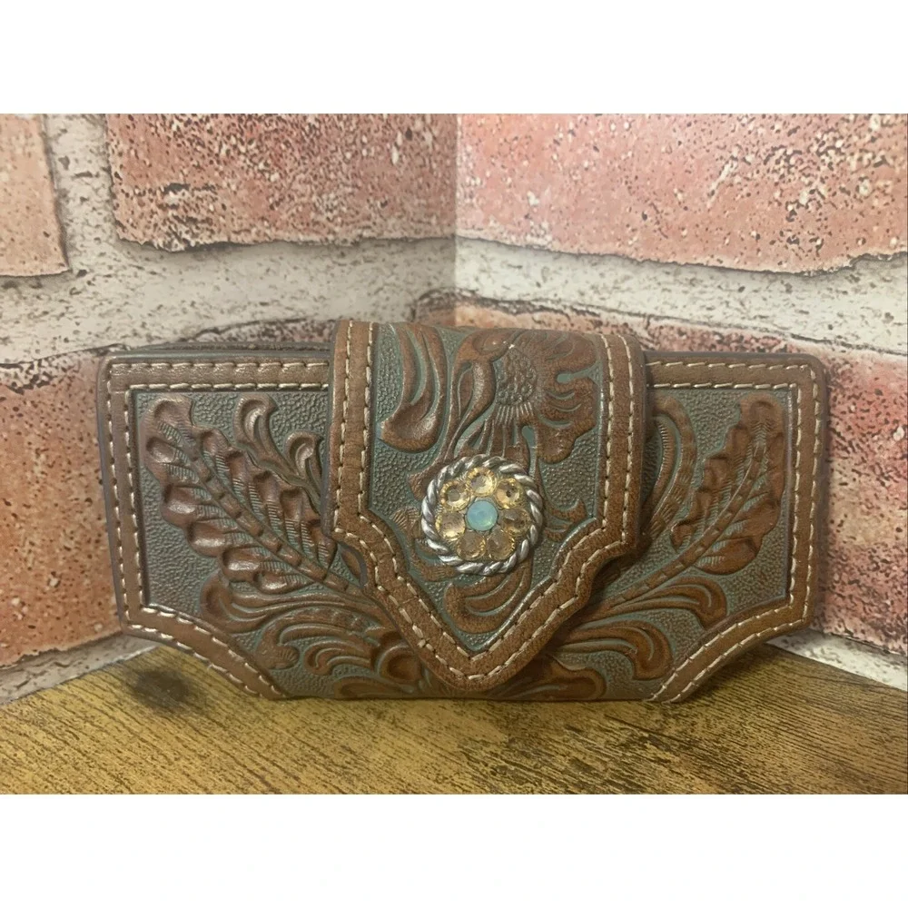 Nocona Phone Holder Case Leather Round Concho Turquoise & Brown With Clip